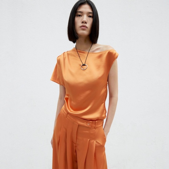 NWT ANNA QUAN | Astra Satin Draped Off-The-Shoulder Top in Kumquat | Size 6 - Picture 2 of 14